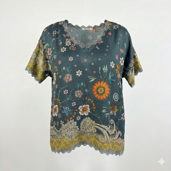 Johnny Was Tops - Johnny Was Adalee‎ Silk Blouse XS Slate Green Floral Embroidered Top C13920